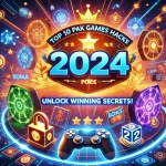 Digital scene showcasing the theme 'Top 10 Pak Games Hacks for 2024: Unlock Winning Secrets'. The image features glowing game icons, keys, locked chests, gaming controllers, and powerful upgrades, symbolizing game hacks and unlocking secrets in a futuristic setting.