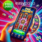 A hand holding a smartphone displaying the Pak Games app, featuring exciting casino games like slots and a wheel of fortune. The Easypaisa logo is visible, emphasizing the easy withdrawals. This image highlights the Earning App in Pakistan, offering a fun and simple way to earn money with fast payouts.