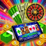 A dynamic image showcasing the excitement of Pak Games download, featuring a smartphone with various casino games like slots, Teen Patti, Andar Bahar, and roulette. The image highlights the opportunity to earn real money while playing fun games, with coins and cash symbols surrounding the phone.