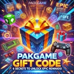 Featured image for 'PakGame Gift Code: 6 Secrets to Unlock Epic Rewards!' showing a glowing gift box surrounded by digital codes, coins, treasure chests, and rare game items, with vibrant streaks of light and gaming elements in the background. The text 'Unlock Epic Rewards!' is prominently displayed in an energetic font.