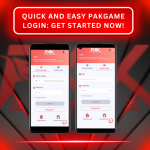 Featured image for 'Quick and Easy Pakgame Login: Get Started Now!' displaying two smartphones with the Pakgame login screen. The background features a red gradient with a bold white border around the title text. The login screen on each phone shows options to log in via phone number or email, along with buttons for 'Log In,' 'Register,' 'Forgot Password,' and 'Customer Service' icons. The Pakgame logo is visible at the top of each screen.