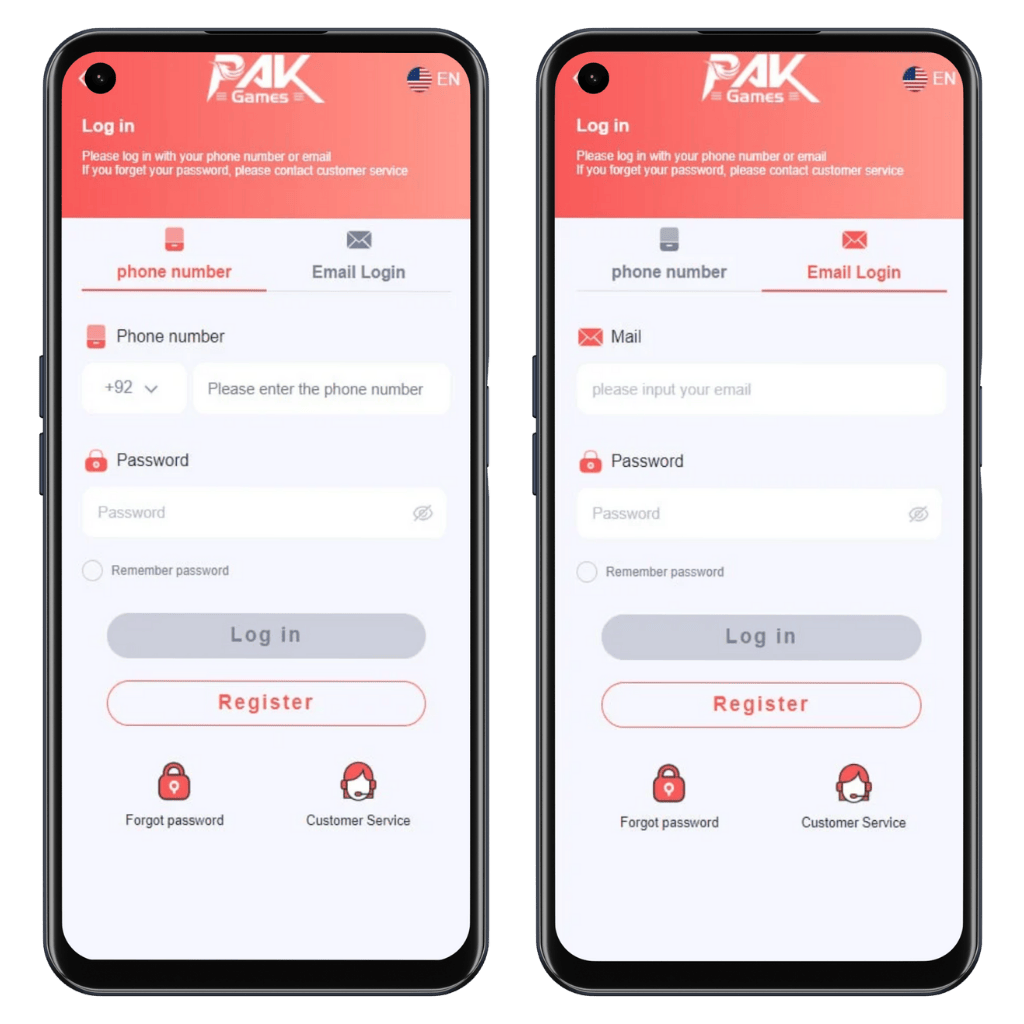 Pakgame login screen displayed on two smartphone screens, showing options for logging in via phone number or email. The interface includes fields for phone number or email, password entry, and options for 'Remember password,' 'Log in,' and 'Register.' Icons for 'Forgot password' and 'Customer Service' are also visible. The Pakgame logo appears at the top, with a clean, user-friendly design.