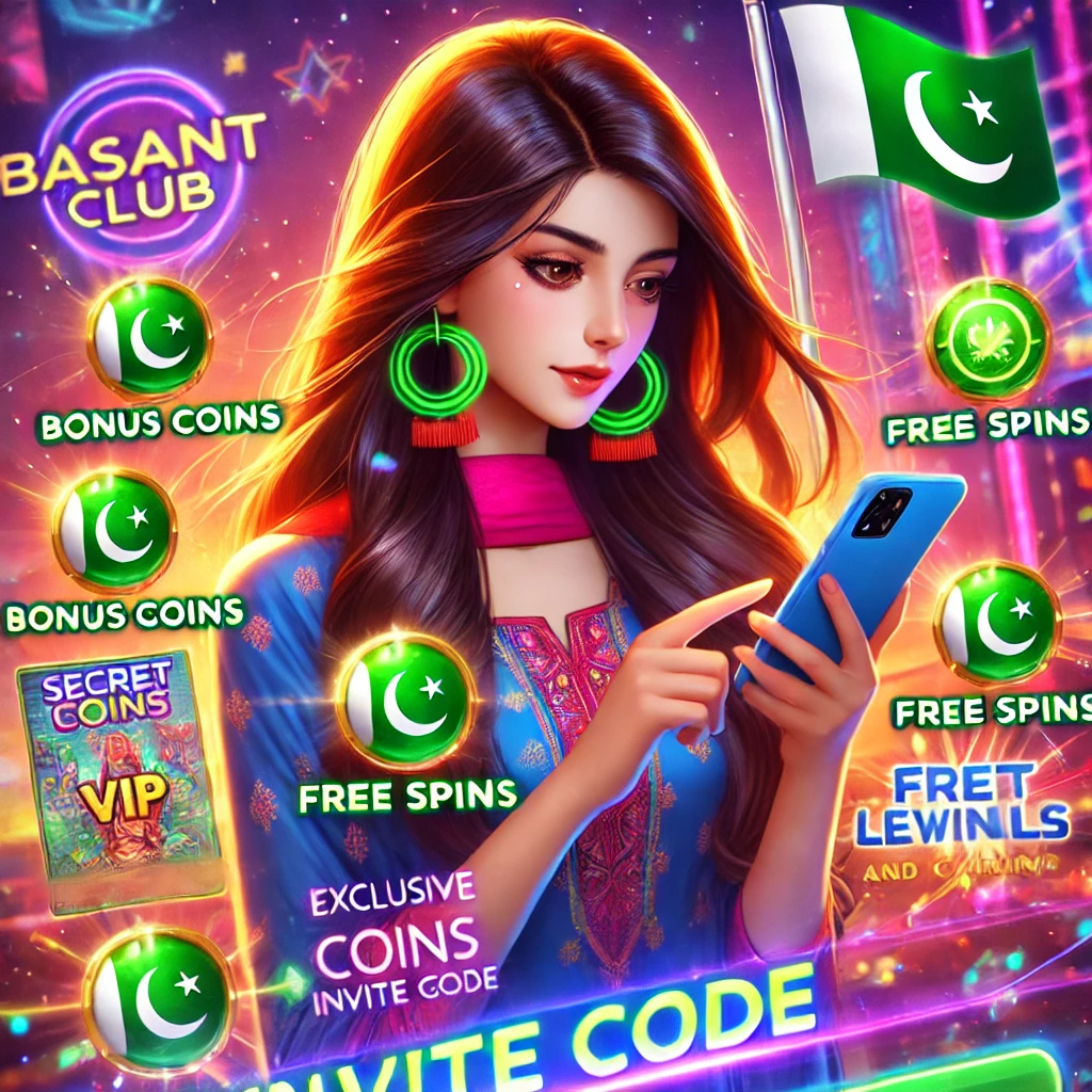 Engaging image showing the exclusive rewards unlocked with the Pak Games Invite Code. Features bonus coins, gems, free spins, secret levels, and VIP rewards. A Pakistani girl is interacting with her phone in a dynamic gaming environment, with the Basant Club logo in the background.