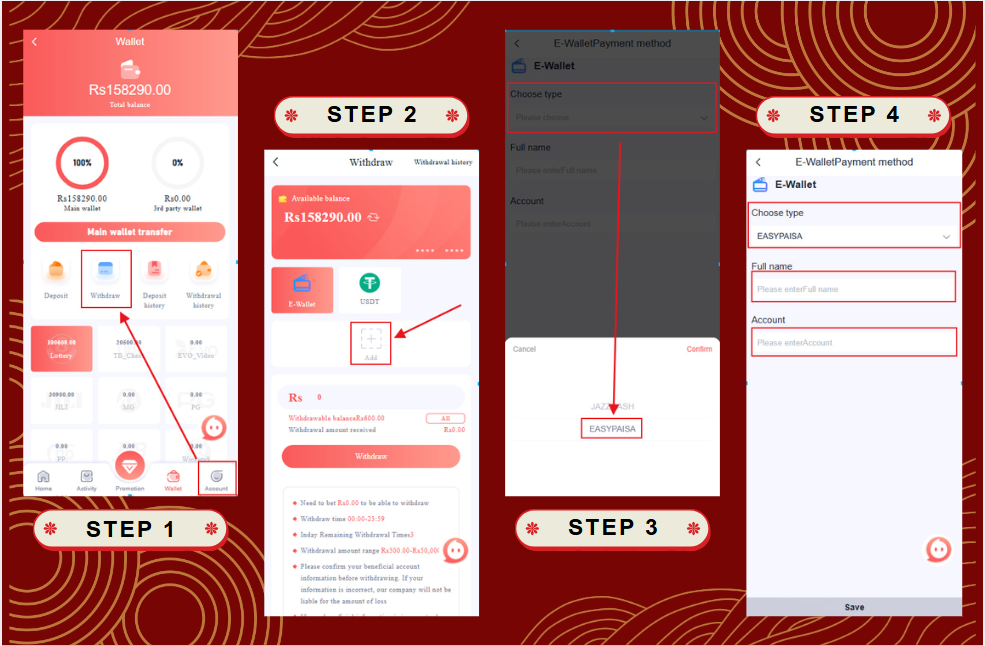 A step-by-step guide showing how to withdraw money from the Pak Games app, a leading Earning App in Pakistan. The process includes linking Easypaisa for easy withdrawal, starting from the wallet section, adding Easypaisa as a payment method, and filling in necessary details for fast and secure transactions.