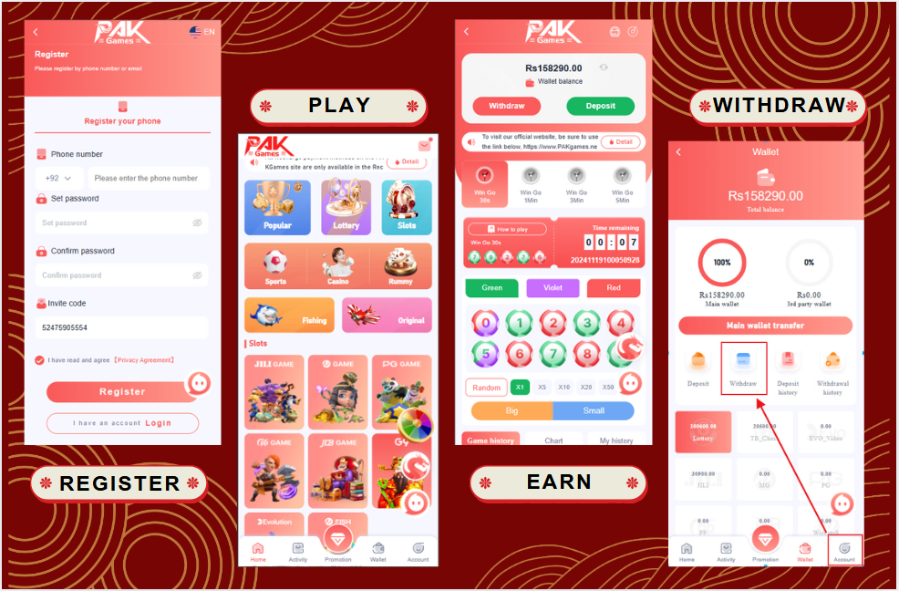 A screenshot showing the steps to register, play, and withdraw in the Pak Games app, one of the top Earning Apps in Pakistan. The images highlight the registration screen, game selection options, and the withdrawal process to easily transfer earnings.