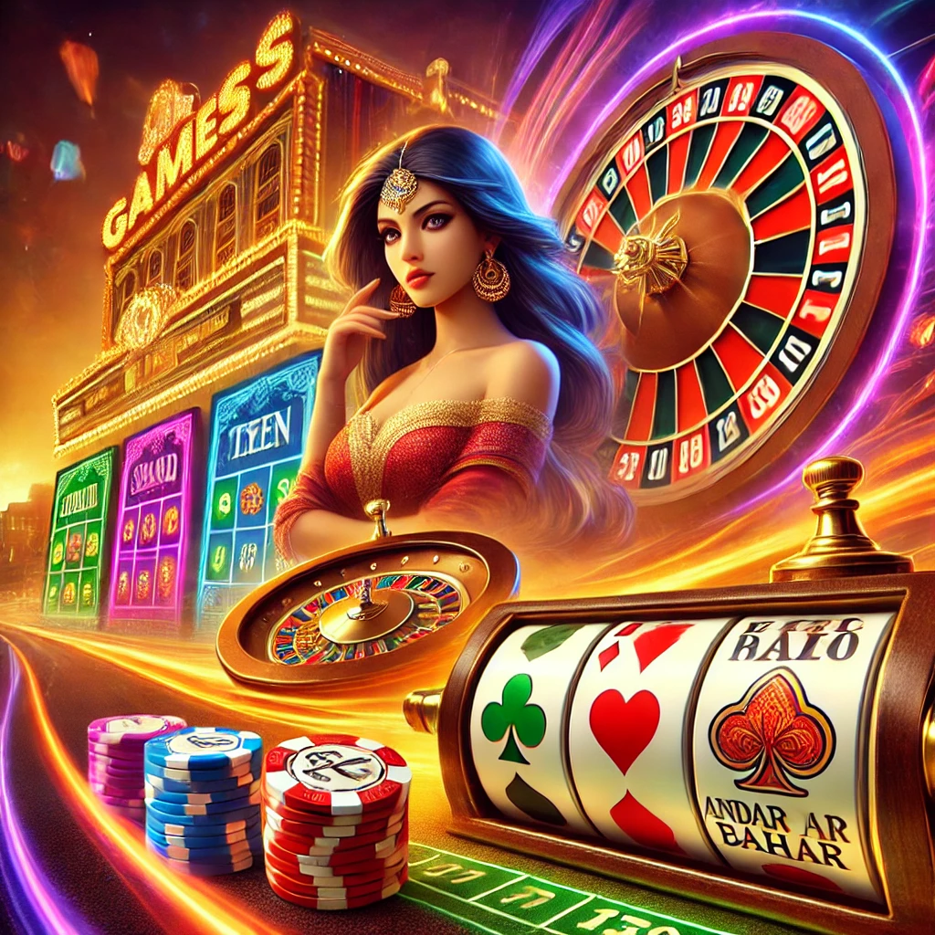 A vibrant image showcasing the exciting casino games available with Pak Games download, including roulette, slots, and Andar Bahar. A beautifully designed woman stands in front of a glowing casino, with colorful chips and cards, emphasizing the fun and thrill of playing and earning money through the Pak Games download app.