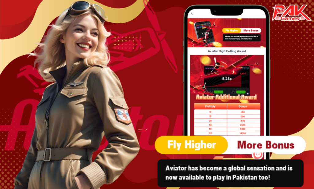 Promotional banner for PakGames Aviator, showcasing the 'Fly Higher' bonus rewards and the Aviator High Betting Award table, now available in Pakistan.