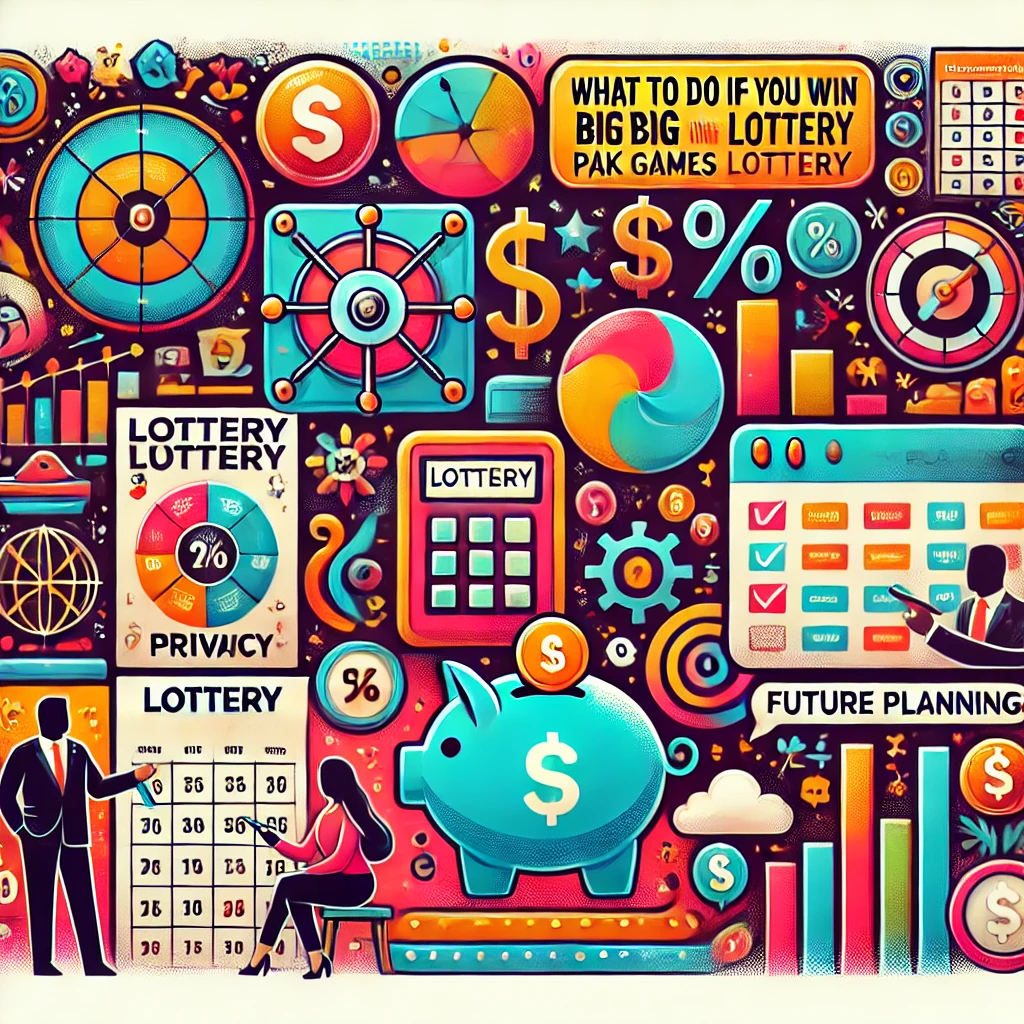 Colorful illustration titled 'What to Do If You Win Big in the Pak Games Lottery,' featuring elements like a lottery ticket, privacy symbols, financial planning icons, and a piggy bank. Includes charts, percentage signs, and tools for future planning, all related to managing and securing a big win in the Pak Games Lottery.