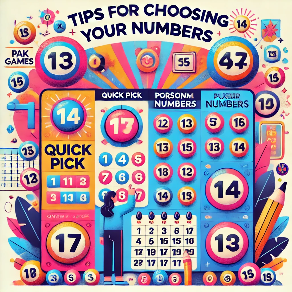 Illustration titled 'Tips for Choosing Your Numbers' for Pak Games Lottery, showing different ways to select numbers. Includes options for Quick Pick, personal choices like birthdays on a calendar, and icons for odd/even numbers. The image also highlights popular patterns and lucky numbers, set against a colorful background with lottery balls and symbols, making it visually engaging and informative.