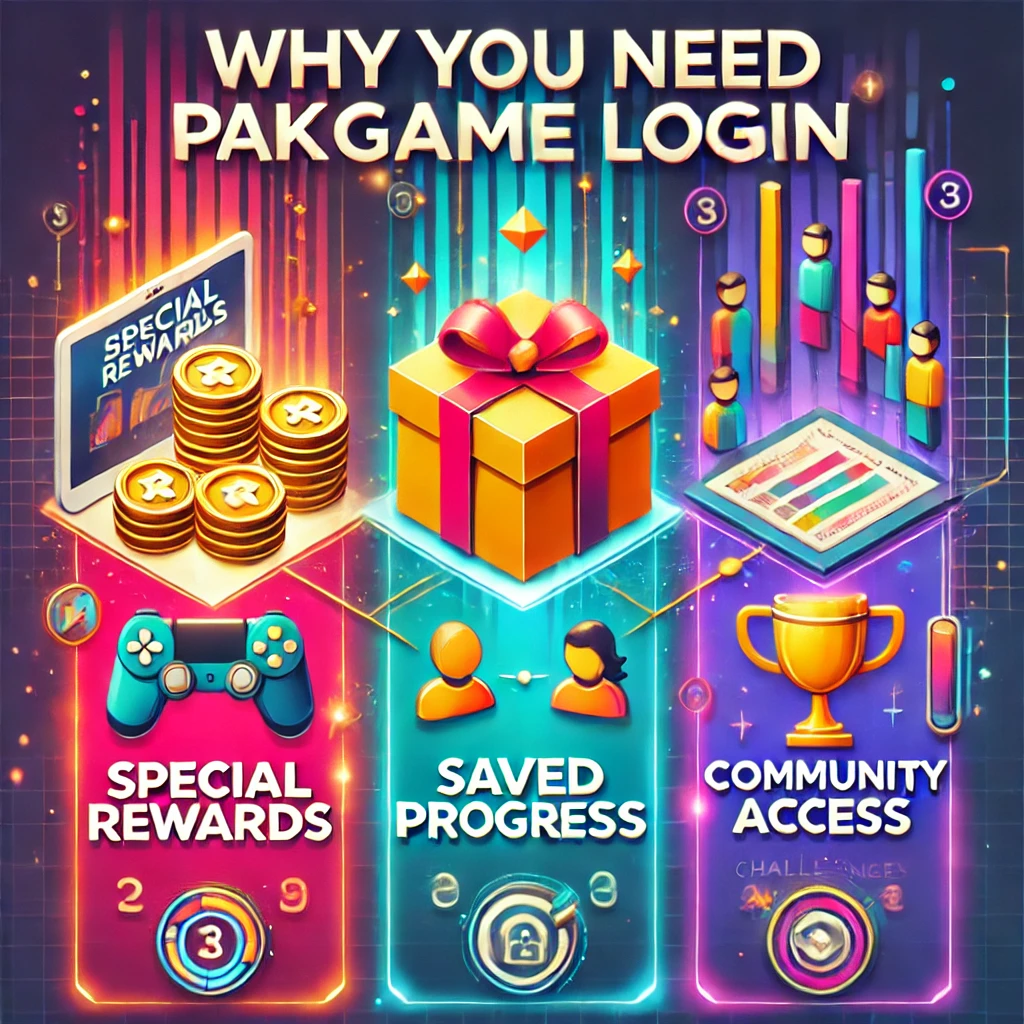 An infographic titled 'Why You Need Pakgame Login,' featuring three sections: 1. Special Rewards, illustrated with a glowing gift box and coins symbolizing bonuses and perks. 2. Saved Progress, represented by a progress bar and a save disk icon to track gaming achievements. 3. Community Access, depicted with connected people icons and a trophy representing events and challenges. The background is vibrant with gaming-themed elements like controllers and digital patterns, creating a dynamic and engaging visual. Pakgame Login