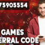 A promotional image for Pak Games Referral Code featuring a smiling man holding a phone, surrounded by a vibrant red background with golden confetti and casino-themed icons like poker chips and coins. The referral code "5247590554" is displayed prominently at the top in bold white text. The Pak Games logo is included in the bottom left corner.