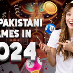 A cheerful woman holding a smartphone and pointing at it with excitement, surrounded by colorful gaming elements like lottery balls, playing cards, and coins. The text "Top Pakistani Games in 2024" appears prominently against a vibrant casino-style background with celebratory confetti.