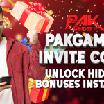 A man in a red jacket is holding a phone and celebrating with excitement. Behind him, there are colorful gift boxes and gold confetti on a red background. The text reads "PakGames Invite Code - Unlock Hidden Bonuses Instantly."