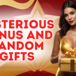 A promotional banner for Pak Games featuring the text "Mysterious Bonus and Random Gifts" in bold red letters. On the right, a woman in a golden dress holds a wrapped gift box with a gold ribbon, symbolizing surprises and rewards. The background is red with star and ribbon patterns, giving a festive and luxurious vibe. The Pak Games logo is displayed at the top left corner.