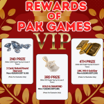 A promotional image showcasing the pak games VIP rewards of Pak Games. It features five prizes, each with descriptions and conditions for eligibility. The prizes include a BMW X1 2023 as the first prize, a 2-carat natural round diamond as the second prize, a gold and diamond necklace as the third prize, a 24K gold bar as the fourth prize, and 24K gold treasure as the fifth prize. Each prize has specific referral requirements and approximate values mentioned in PKR and USD. The background is red with a luxurious design and the Pak Games logo is placed at the bottom right.