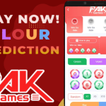 A screenshot of the PakGames Color Prediction game interface, displaying options for betting on colors like Green, Violet, and Red, with countdown timers and available multiplier bets.