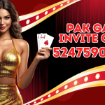 A promotional image for Pak Games featuring a woman in a shimmering gold outfit holding playing cards, including a King of Hearts and four Aces. The background has a black and red theme with gold and red curved patterns, resembling a casino vibe. The text reads "Pak Game Invite Code 52475905554" in bold red and white letters. The Pak Games logo is positioned at the bottom right corner.