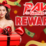 PakGames Rewards promotional banner featuring a woman dressed in red holding a gift box with a bow, surrounded by falling money illustrations and the Pak Games logo.