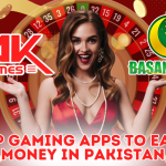 A vibrant promotional banner showcasing a smiling woman in a red dress, holding her hands up as if presenting two logos. The Pak Games logo is on the left, the Basant Club logo is on the right, with a roulette wheel and golden coins in the background. The text below reads, "Top Gaming Apps to Earn Money in Pakistan."