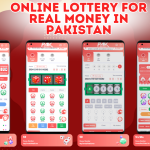 A promotional image highlighting the PakGames platform to play free online lottery for real money in Pakistan. The design features four smartphone screens displaying various lottery game options like Win Go, K3, 5D, and Trx Win. The red-themed background complements the bold headline: "Play Free Online Lottery for Real Money in Pakistan," alongside the PakGames logo.