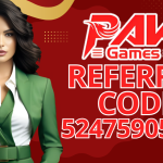 stylish woman in a green blazer stands confidently against a red and yellow abstract background. The text reads "PAK Games Referral Code 52475905554" with the PakGames logo displayed prominently above.