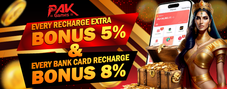 A promotional banner from PakGames offering extra bonuses on recharge: 5% bonus for every recharge and 8% bonus for bank card recharges, featuring a treasure chest and a character in royal attire.