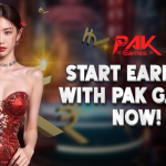 A glamorous woman in a red, intricately designed dress stands confidently in a casino-like setting with golden currency symbols floating around. The bold text reads, "START EARNING WITH PAK GAMES NOW!" with the Pak Games logo displayed above.