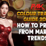 A stylish woman in a red sequined dress stands in a luxurious casino setting with gold coins floating around her. The bold text reads "COLOUR TRADING GUIDE 2025: HOW TO PROFIT FROM MARKET TRENDS," with the Pak Games logo above.