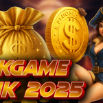 Promotional image for "Pakgame Link 2025" featuring a pirate woman in a blue outfit, a large gold money bag, and a giant gold coin with a dollar sign.