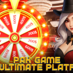 Animated woman in a casino-themed outfit stands beside a glowing red and gold spin wheel displaying high-dollar rewards, with the text "Pak Game: The Ultimate Platform" in bold gold letters